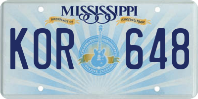 MS license plate KOR648