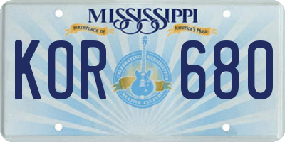 MS license plate KOR680