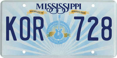 MS license plate KOR728