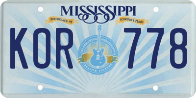 MS license plate KOR778