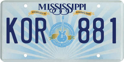 MS license plate KOR881