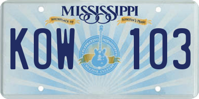 MS license plate KOW103