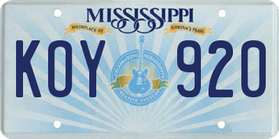 MS license plate KOY920