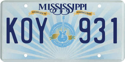 MS license plate KOY931