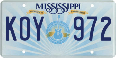 MS license plate KOY972