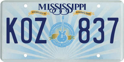 MS license plate KOZ837