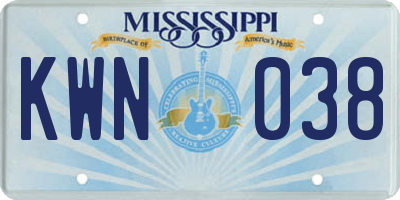 MS license plate KWN038
