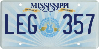 MS license plate LEG357