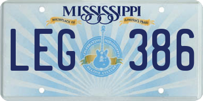 MS license plate LEG386