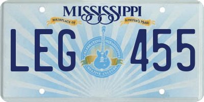 MS license plate LEG455