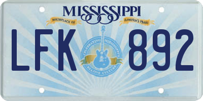MS license plate LFK892