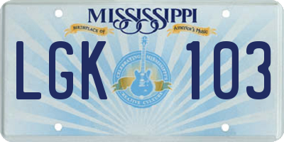 MS license plate LGK103