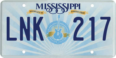 MS license plate LNK217