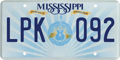 MS license plate LPK092