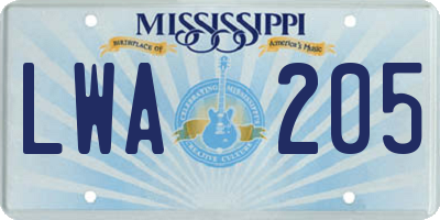 MS license plate LWA205