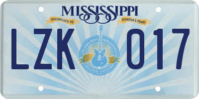 MS license plate LZK017