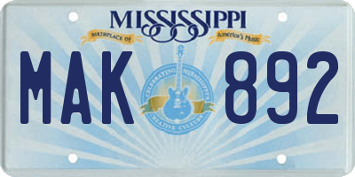 MS license plate MAK892
