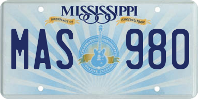 MS license plate MAS980