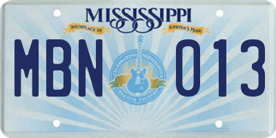 MS license plate MBN013