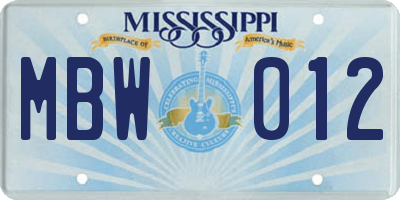 MS license plate MBW012