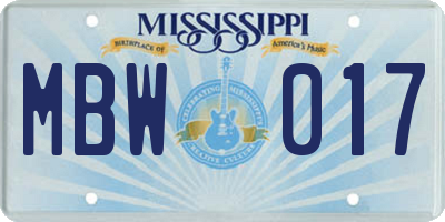 MS license plate MBW017