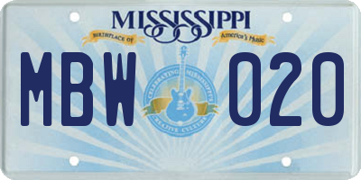 MS license plate MBW020