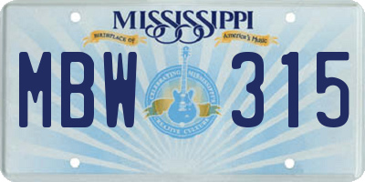 MS license plate MBW315