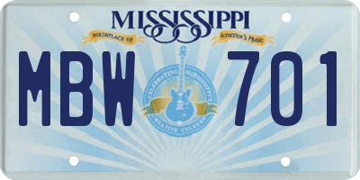 MS license plate MBW701