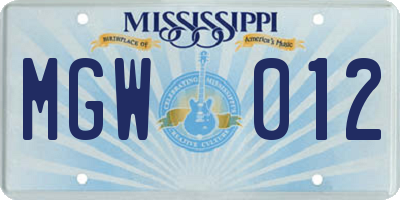 MS license plate MGW012