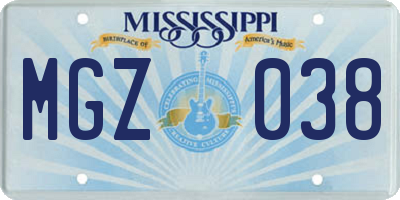 MS license plate MGZ038