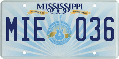 MS license plate MIE036