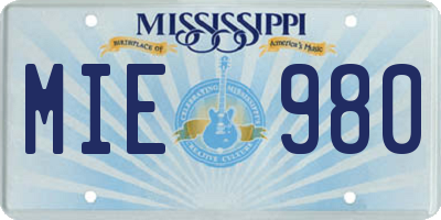 MS license plate MIE980