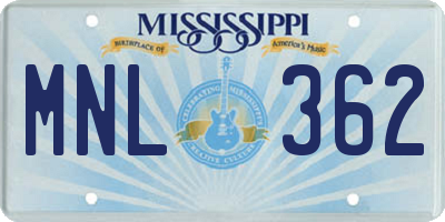 MS license plate MNL362