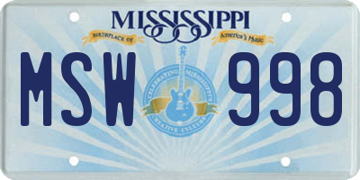 MS license plate MSW998