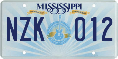 MS license plate NZK012
