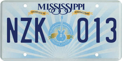 MS license plate NZK013