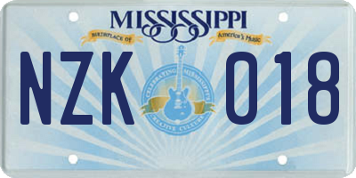 MS license plate NZK018