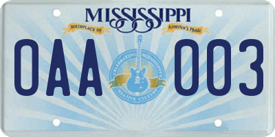 MS license plate OAA003