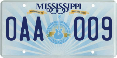MS license plate OAA009