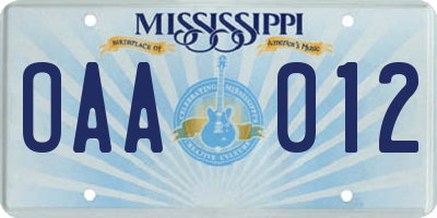 MS license plate OAA012