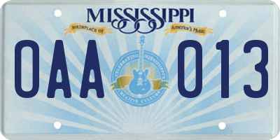 MS license plate OAA013