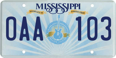 MS license plate OAA103