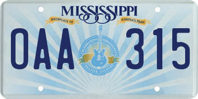 MS license plate OAA315