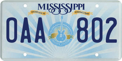 MS license plate OAA802