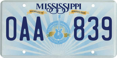 MS license plate OAA839