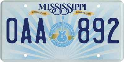 MS license plate OAA892