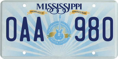 MS license plate OAA980