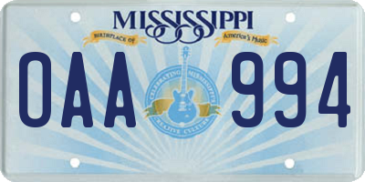 MS license plate OAA994