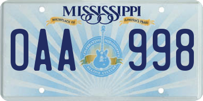 MS license plate OAA998