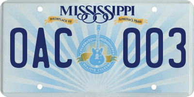 MS license plate OAC003